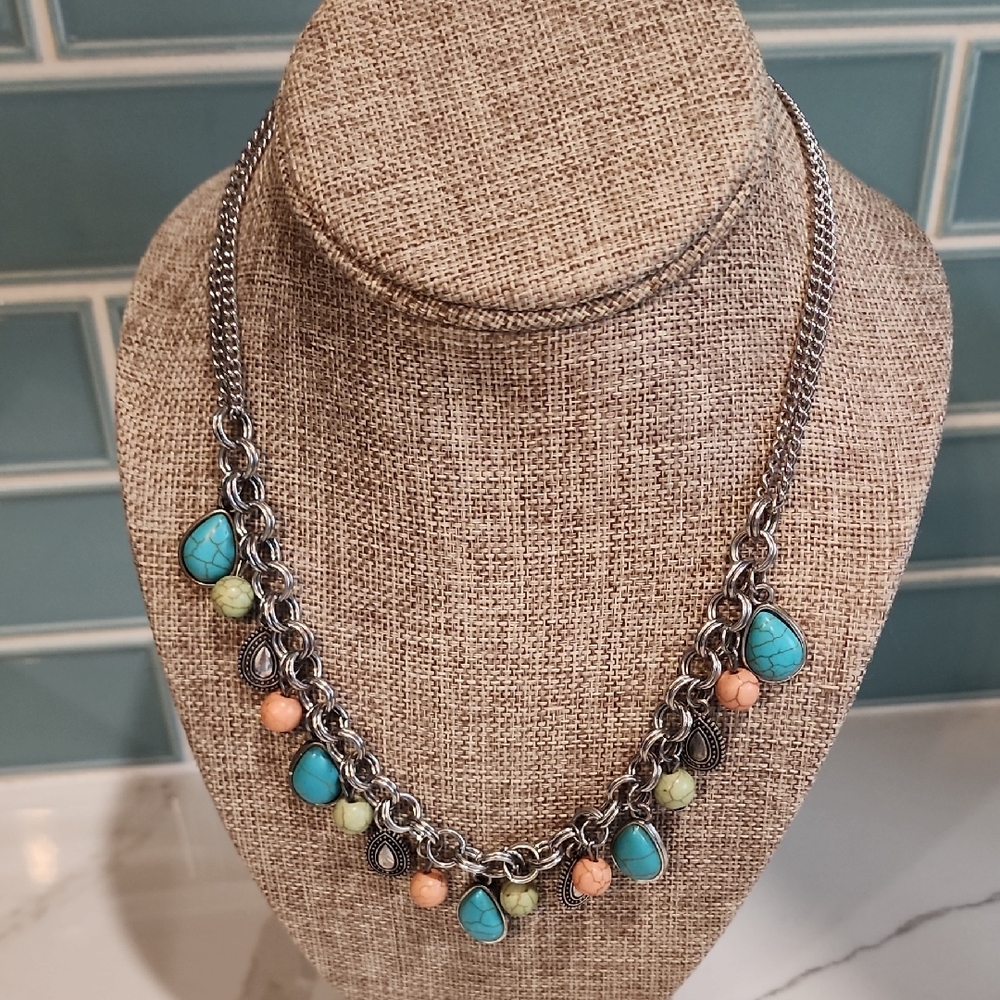 Elegant Silver Necklace with Turquoise and Peach Accents